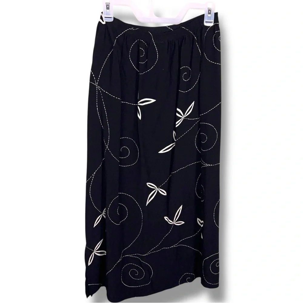 Vintage Medium David Dart Black Beige Floral Maxi Skirt Elastic Waist Long